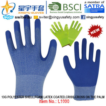 13G Polyester Shell Foam Latex Coated Gloves (L1000) Criss-Cross on The Palm with CE, En388, En420, Work Gloves